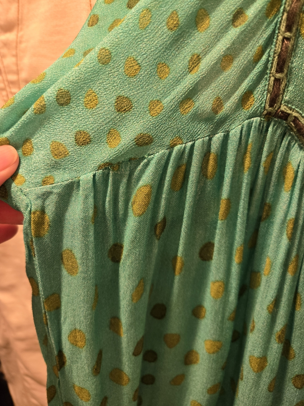 Anthropologie Bl^nk London Green With Gold Polka Dot Boho Dress - Picture 8 of 11